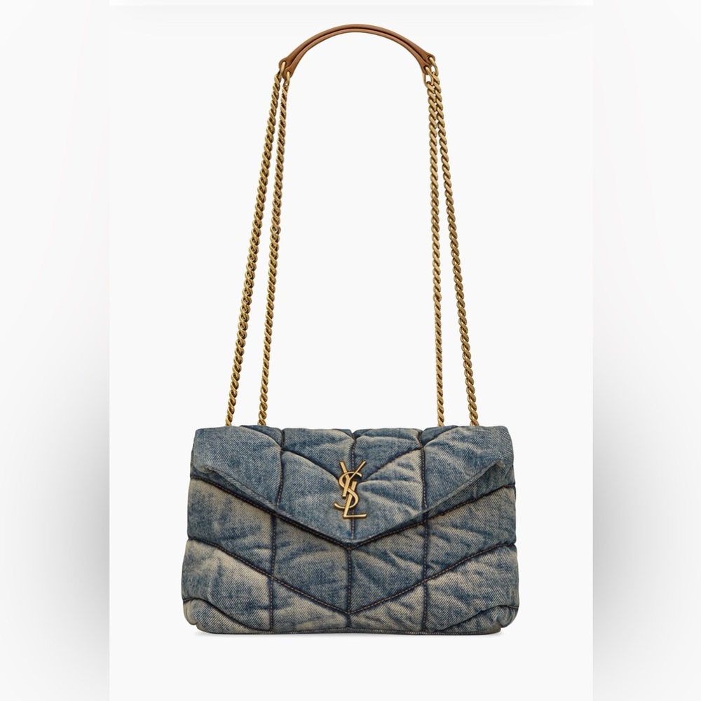 Yves Saint Laurent Medium Size Denim Quilted Shoulder Bag with Gold Chain